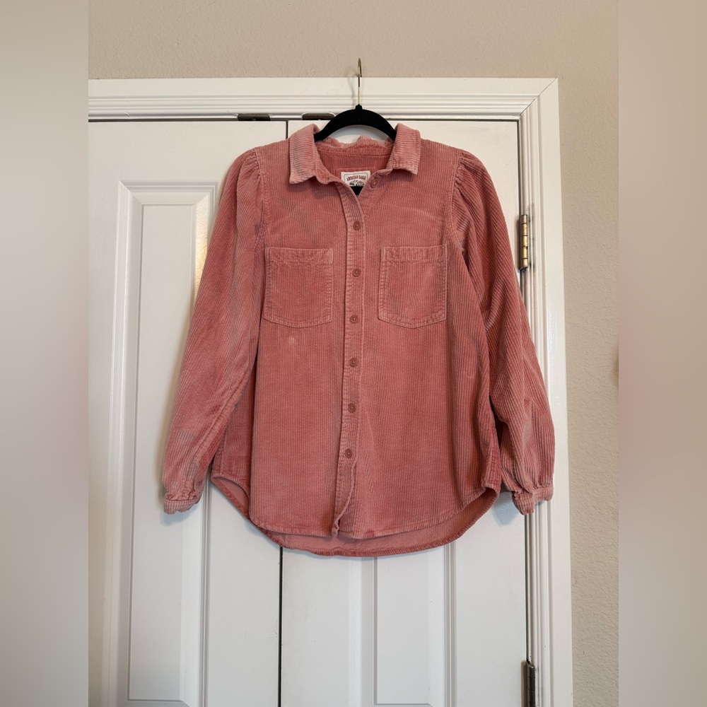American Eagle SZ S Pink Corduroy Button Up long sleeve Shirt Puff Shoulders